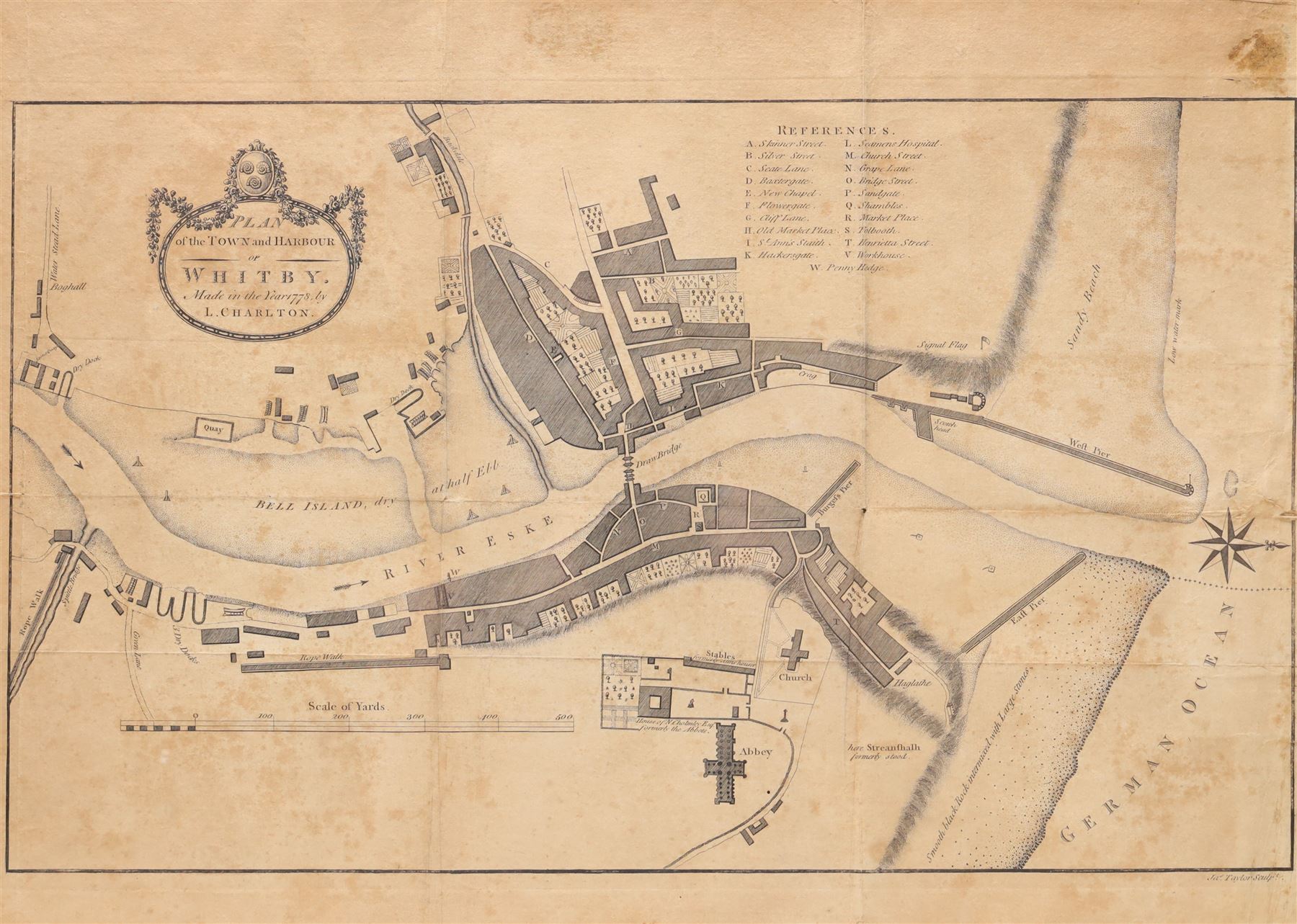 L Charlton (British 18th century): 'Plan of the Town and Harbour of Whitby', 18th century engraved map with hand-colouring pub. c.1778, 38cm x 52cm