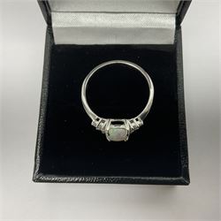 Silver opal and cubic zirconia cluster ring, stamped 925, boxed 