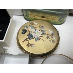 9ct gold bangle, hallmarked, pair of Pandora silver infinity earrings, 9ct gold stone set studs, other silver jewellery, costume jewellery, Stratton compact mirror and a Vincenza glass basket