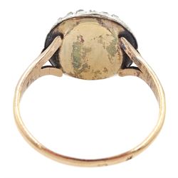 19th century French 18ct gold and silver diamond portrait ring, set with an oval miniature of a woman in 18th century dress on ivory, under a glazed panel, with rose cut diamond surround and trifurcated shoulders, hallmarked. This lot has been registered for sale under Section 10 of the APHA Ivory Act