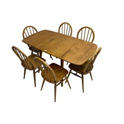 Ercol elm drop leaf table and set six hoop back chairs