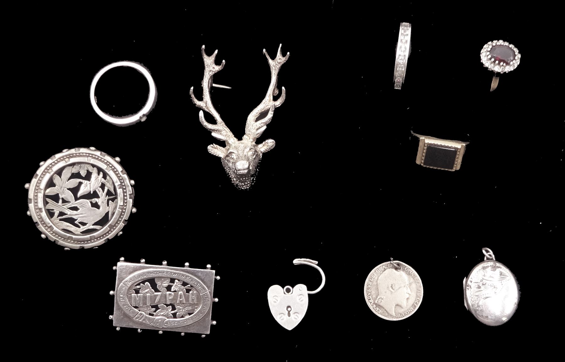 Victorian silver stag brooch by William Henry Leather, Birmingham 1897, old black onyx ring, gold stone set ring, both 9ct, silver Mizpah and bird brooch and other silver jewellery