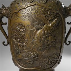 Japanese Meiji-Taisho period bronze vase, by Kanaya Gorosaburo, decorated with dragons and other creatures in a landscape, seal mark to base, H35.5cm 