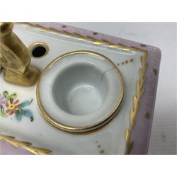 Limoges France hand painted ink well pot stand with lion paw feet, together with  pot pourri vase and cover in the shape of an egg raised on three scroll feet, ink well H14cm 