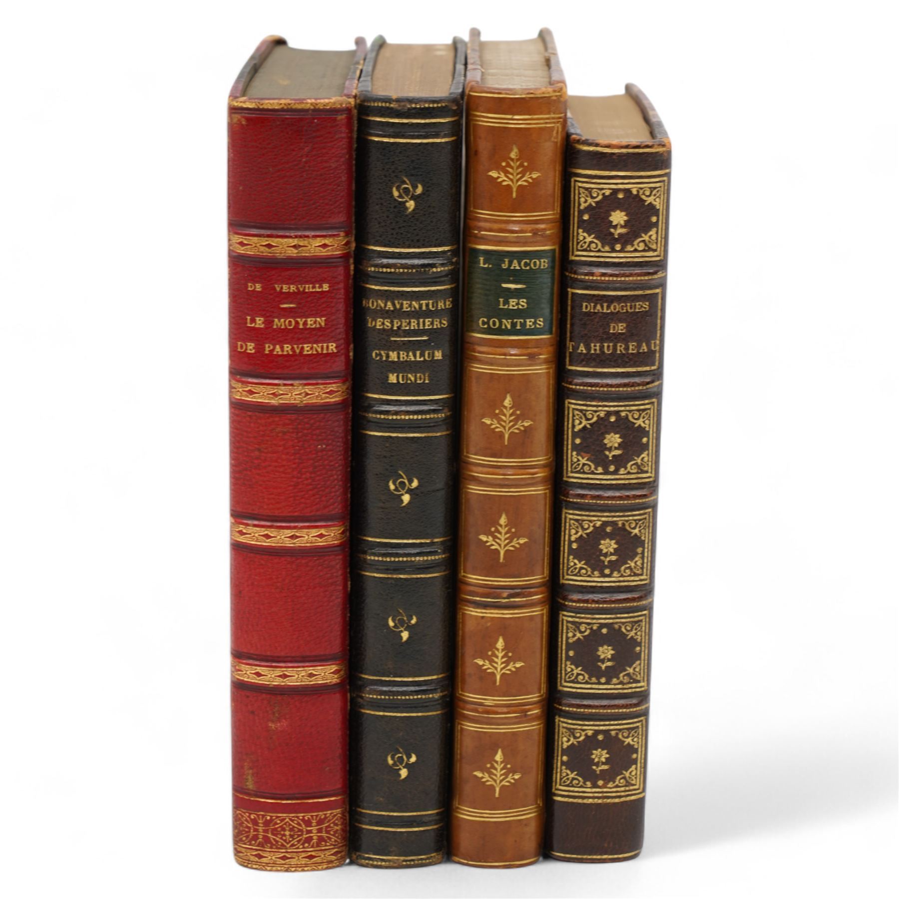 Le Sievre Faret - 'L'Honeste Homme' ou L'Art de Plaire, published in French by Arnould Cotinet, Paris 1660, full calf, J-P de Florian 'Les Six Nouvelles' 1786 and 'Nouvelles Nouvelles' 1792, both in quarter leather Conscience, F -'Les Dialogues de Jacques Tahureau' published Lemere, Paris 1871 in half calf and marbled boards, Berolade de Verville - 'Le Moyen de Parvenir' pub. Garnier Freres 1879, Jacob, Paul - 'Le Cymbalum Mundi' 1841 and 'Les Contes de Bonaventure des Periers' 1843, all published in French and collection of books published in French including H-L Bordier (Ed) - 'Le Chansonnier Hugenot' two volumes 1870, Mace de Villebresme - 'Epistre de Cleriande' limited edition No132, 'Poeme Inedit de Iehan Marot' 1860 and others (11) Saint-Andre, Claude - 'Madame du Barry d'apres les Documents Authentiques' limited edition published in French by Emile- Paul, Paris 1908 No 39/250 soft vellum cover
