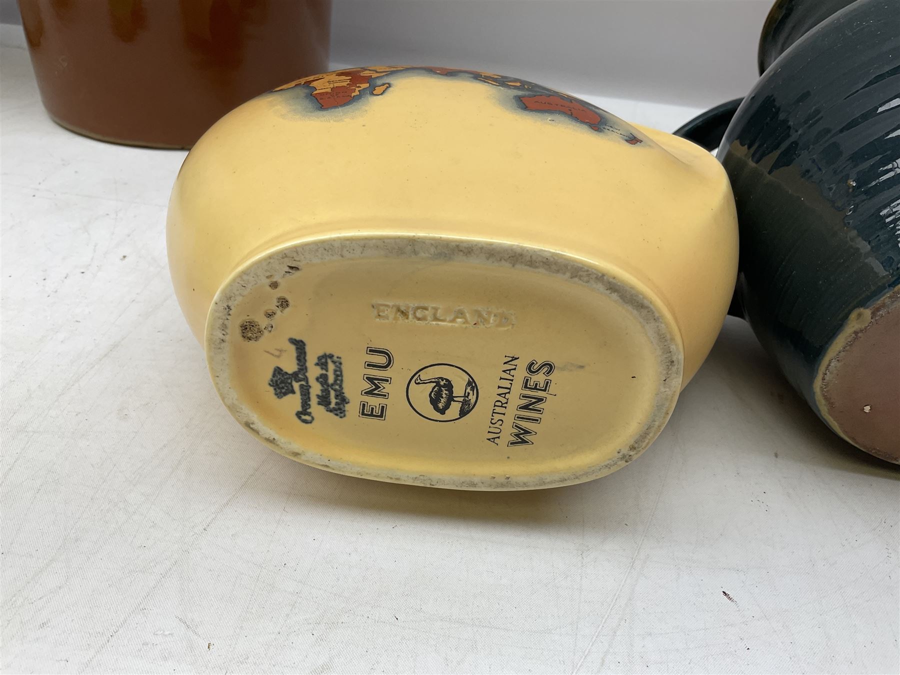 Mid century Spode Copeland 'Cutie Kitten' bowl, Crown Ducal King George VI and Queen Elizabeth Coronation Emu Wines flask with stopper, c1937, Carlton Ware sauce boat and saucer, Crown Devon and quantity of ceramic jugs etc