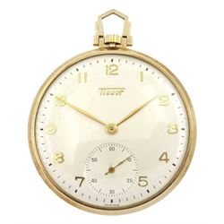 9ct gold open face keyless lever pocket watch by Tissot, silvered / cream dial with Arabic numerals and subsidiary seconds dial, case by Dennison, Birmingham 1958, cased