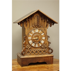  Late 19th century Black Forest cuckoo mantel clock, three note with shelf trumpeter, made by Hettich and Son Furtwangen, movement stamped 'G.H.S F', H50cm  