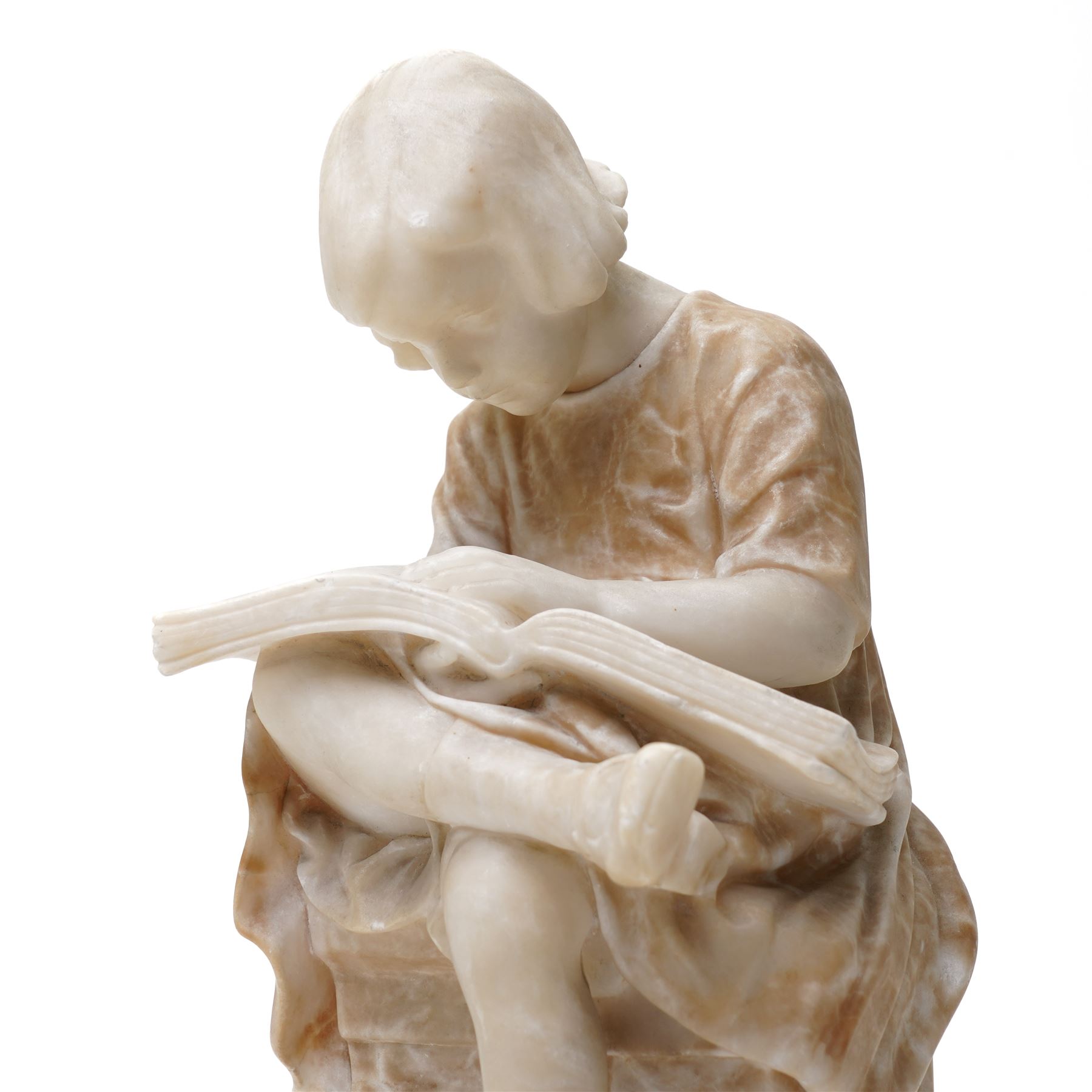 Attrib. Ernst Paul Hinckeldey (German 1893-1953): Girl Reading, alabaster sculpture bearing signature to plinth verso, on marble base H29cm 