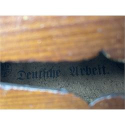 German copy of a Maggini violin c1900 with 35.5cm two-piece maple back and ribs and spruce top, bears label 'Maggini Deutsche Arbeit 1866' L59cm; in carrying case with bow