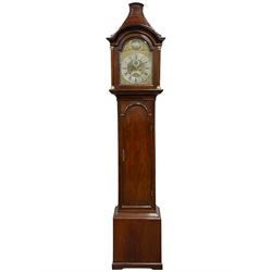 John Abbot of London – early 18th century walnut 8-day longcase clock c1740, hood with glazed side panels and tall swept pagoda pediment above a break arch hood door with attached pillars and gesso wooden capitals, long trunk door with a conforming break arch top on a rectangular plinth with applied shaped skirting, brass dial with a matted center and continuous herringbone engraving to the surround, cast spandrels, silvered chapter with Roman numerals, five minute Arabic’s, minute track and inner quarter hour track, subsidiary seconds dial and square date aperture, silvered tempus fugit boss to the break arch, dial pinned directly to a rack striking movement, striking the hours on a bell. With weights and pendulum.