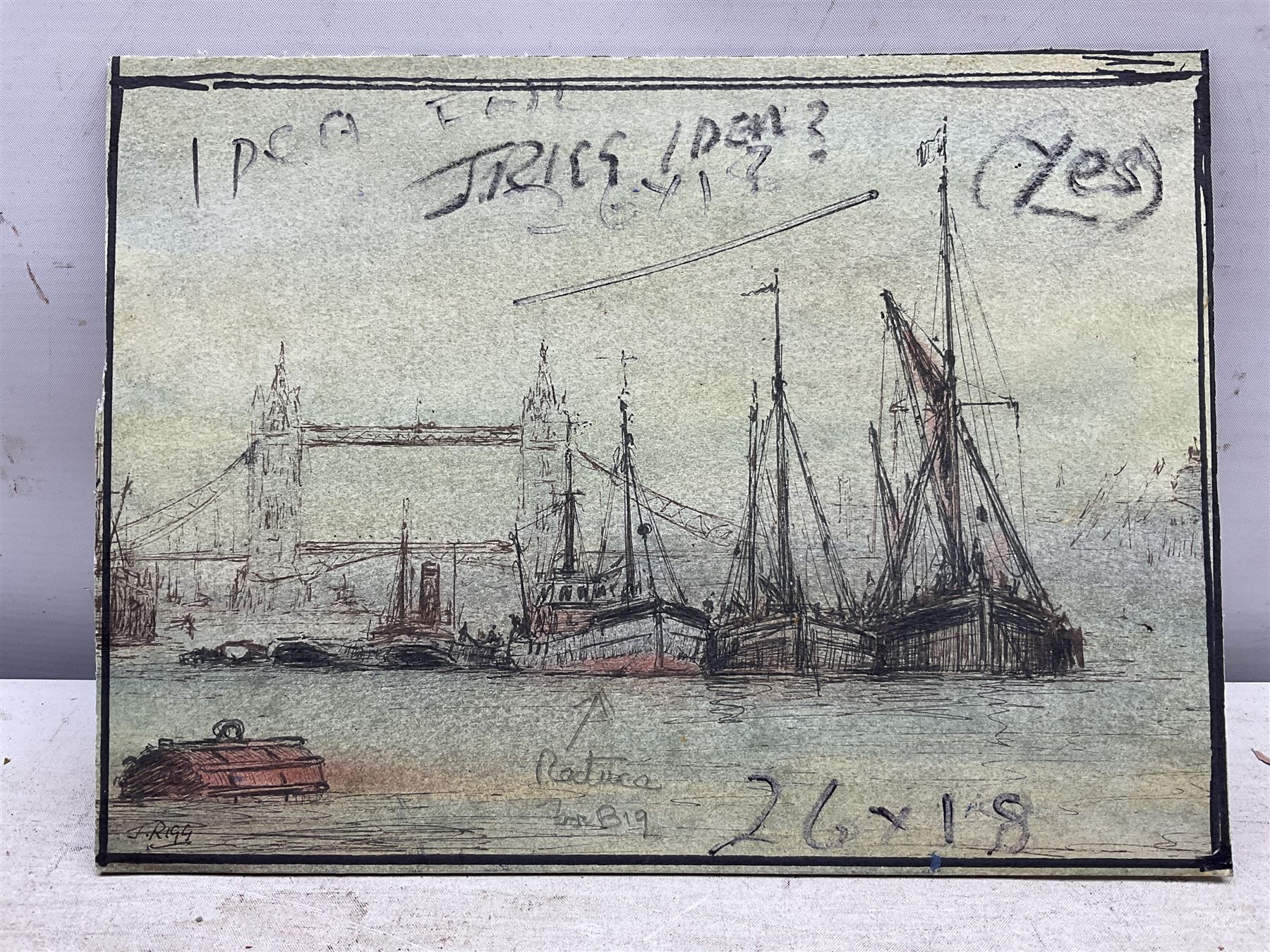 Jack Rigg (British 1927-2023): Preliminary sketch for 'London River', ink and watercolour signed, variously inscribed with reference image verso 19cm x 25cm (unframed)