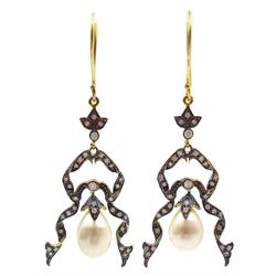  Pair of diamond and pearl pendant earrings  