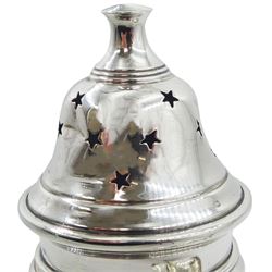 1930's silver sugar caster, of belied form with girdle, the domed cover pierced with stars, upon a spreading circular foot, hallmarked E J Houlston, Birmingham 1931, H15cm, together with a 1930's silver sauce boat, of typical form with curved handle, upon three pad feet, hallmarked Viner's Ltd , Sheffield 1932, H6.5cm, approximate total weight 7.33 ozt (228.2 grams), (2)