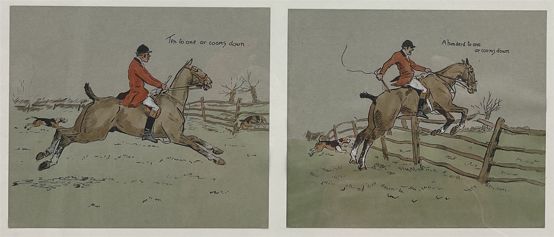 Snaffles (Charles Johnson Payne 1884-1967): 'Landing his Wager', a set of four hand coloured prints framed as one, each 14 x 17cm