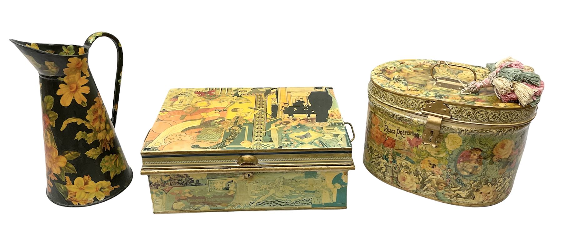 Modern Decoupage hat box with guilt detail together with a decoupage jug and box, hatbox H24cm