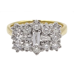  18ct gold baguette and round brilliant cut diamond cluster ring, stamped 750, diamond total weight 0.97 carat  