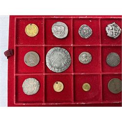 Ancient and later coinage, including silver denarius, United States of America 1853 gold one dollar coin (holed), France 1862 gold five francs (holed), hammered coins, Charles II 1675 sixpence (holed) etc, housed in a small case with coin trays