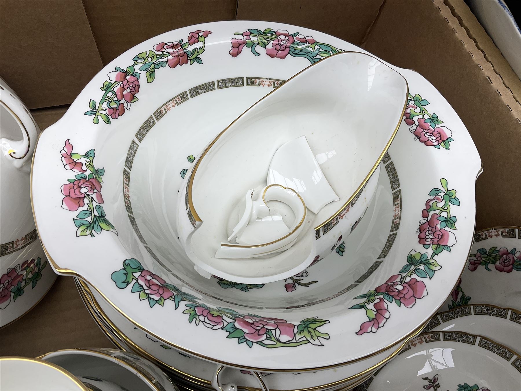 Large quantity of ceramics to include Royal Grafton Indian Tree pattern part tea and dinner service,
Bing & Grondahl bell, Aynsley Gold Orchard, Royal Worcester, Imari style, blue and white vases and plates, Staffordshire style dog, tea wares, boxed The Leonardo Collection 40th anniversary teacups and saucers  set etc