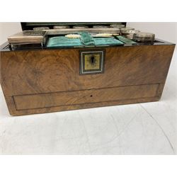 Victorian walnut travelling case, velvet lined interior, lift out trays and a selection of various jars and bottles, with silver plated lids, H18cm, L30cm
