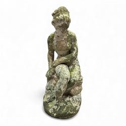 Cast stone female figure along with vintage iron pot-cradle / cauldron stand 