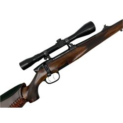 30-06 Steyr-Mannlicher Model M bolt-action rifle, the 61cm hammer forged barrel with side safety, double set trigger and lift-out rotary magazine, walnut stock with chequered pistol grip and fore-end and additional soft leather cheek piece, Pecar Berlin Champion 8 x 45 telescopic sight with quick release mounts, serial no.204791 L111cm FIREARMS CERTIFICATE REQUIRED OR RFD
