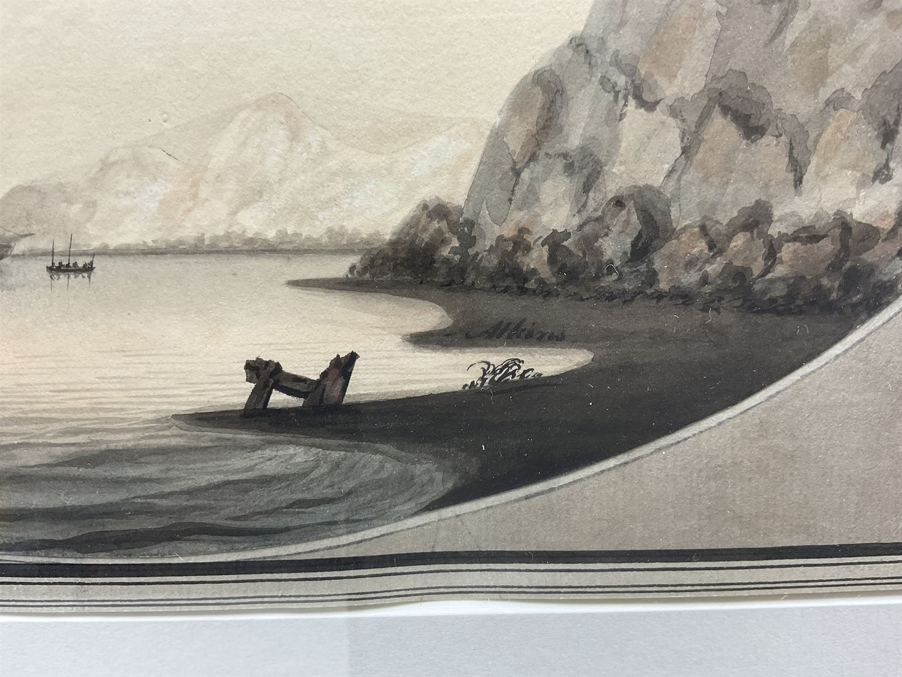 Samuel Atkins (British 1760-1810): 'Leaving a Bay', oval watercolour signed 23cm x 33cm 
Provenance: private collection, purchased Abbott and Holder, Museum Street, London, label verso; with Woolley & Wallis 24th September 2014 Lot 95