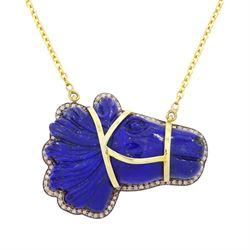 Silver-gilt lapiz lazuli and diamond horses head necklace, carved head with rose cut diamo...