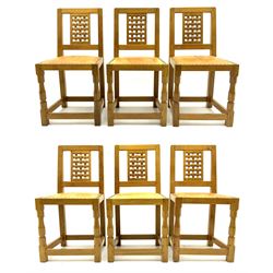 Yorkshire oak - set of six golden oak lattice back dining chairs, tan leather seats