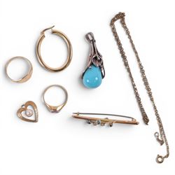 18ct gold stone set ring, together with 9ct gold jewellery, including stone set brooch, si...