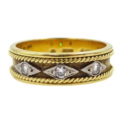 18ct gold band set with three round brilliant cut diamonds in a diamond shaped setting, hallmarked