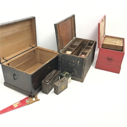 19th century pine chest, hinged lid (W94cm, H52cm, D62cm) a Carpenters chest, hinged lid, fitted interior (W94cm, H54cm, D52cm) and a red painted blanket box (W98cm, H51cm, D51cm) (3)