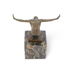 Bronze figure after Milo, a 'Power Of Silence', modelled as a male athlete crouched with arms outstretched upon a marble plinth, signed Milo, H15cm