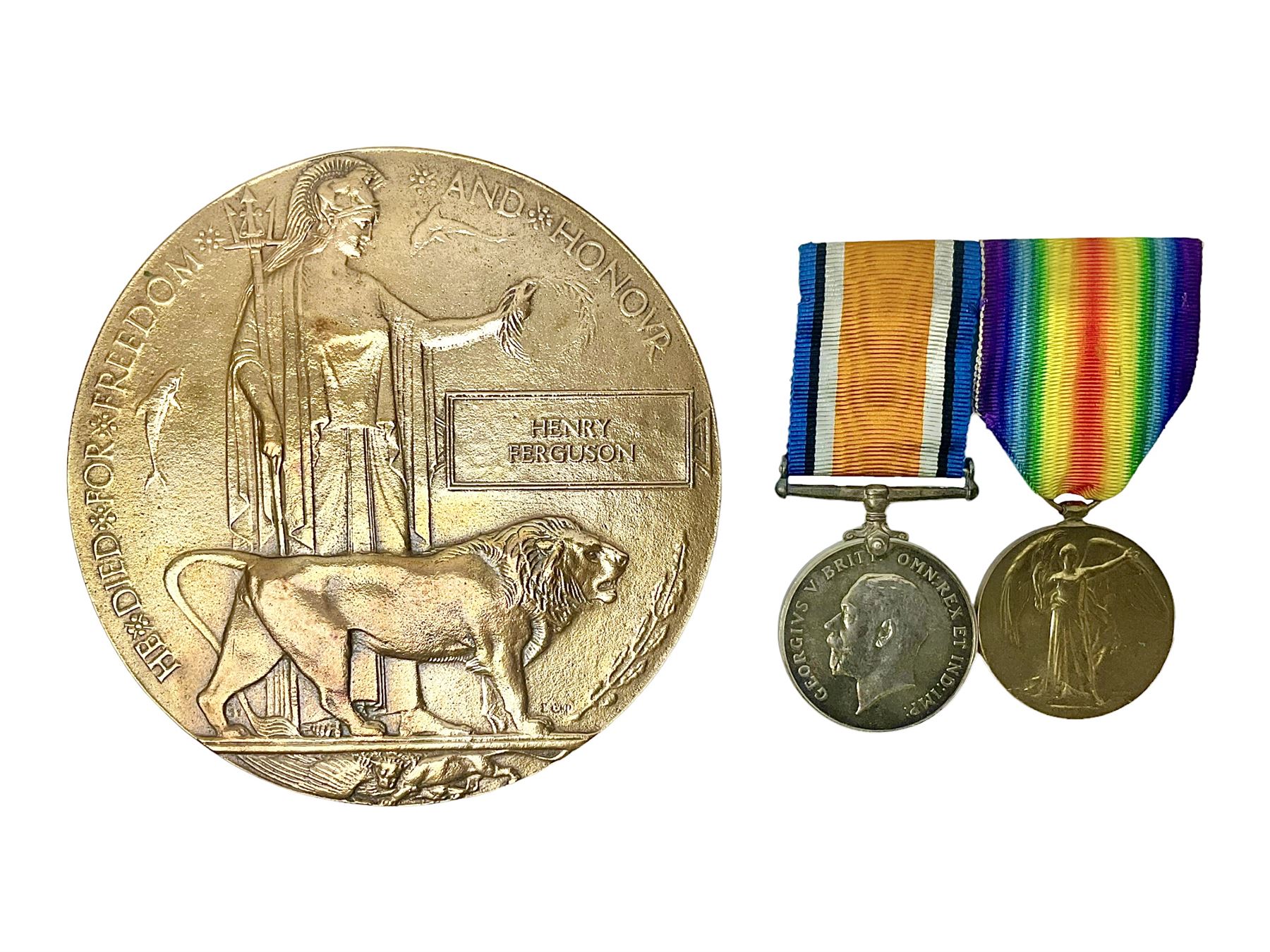 WWI pair of medals comprising British War Medal and Victory Medal awarded to G/62196 Pte. H. Ferguson R. Fus. with ribbons on wearing bar; together with bronze memorial plaque to Henry Ferguson (3)