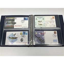 First Day Covers - approx. one hundred flying related and other military FDCs 1970s-2000s, mainly WW2 interest and bearing signatures; British, Channel Islands, Continental, Australia etc; signatures include Vera Lynn, J.H. Lacey, 'Johnnie' Johnson, Barnes Wallis, Bill Reid VC, various other gallantry medal winners, Dam Busters, Battle of Britain, Terence Otway, Leonard Cheshire, Stanford Tuck etc; loose and in a Benham album