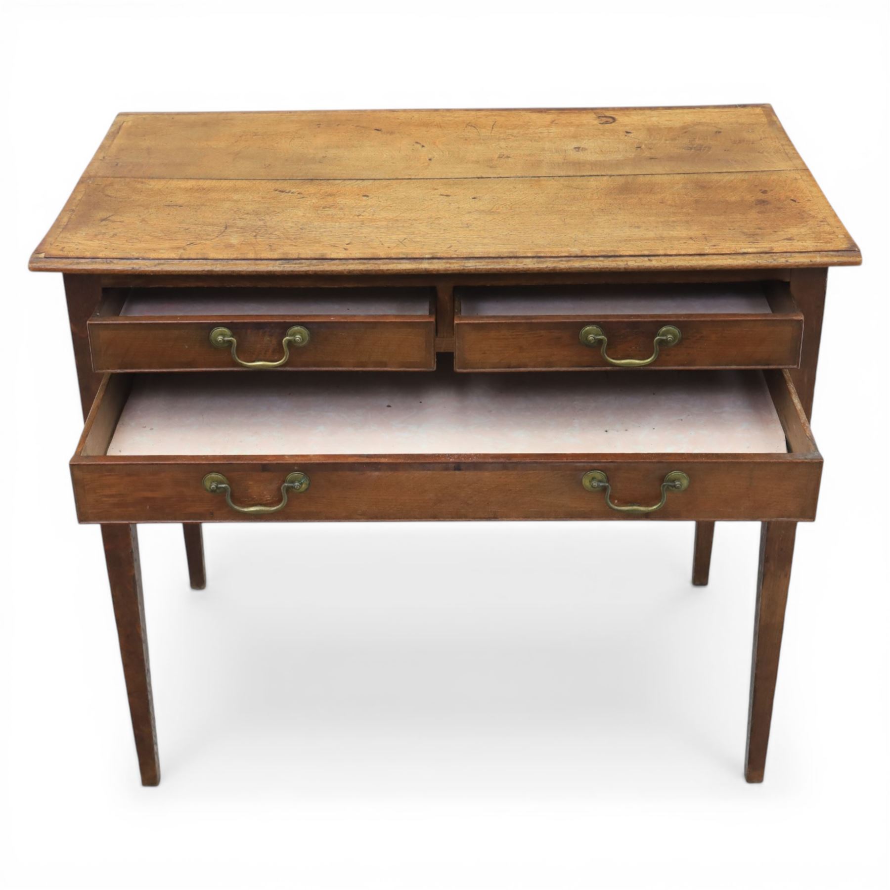 George III oak side table, with rectangular banded top, fitted with two short over three drawers, with brass swan neck handles, raised on square tapering supports