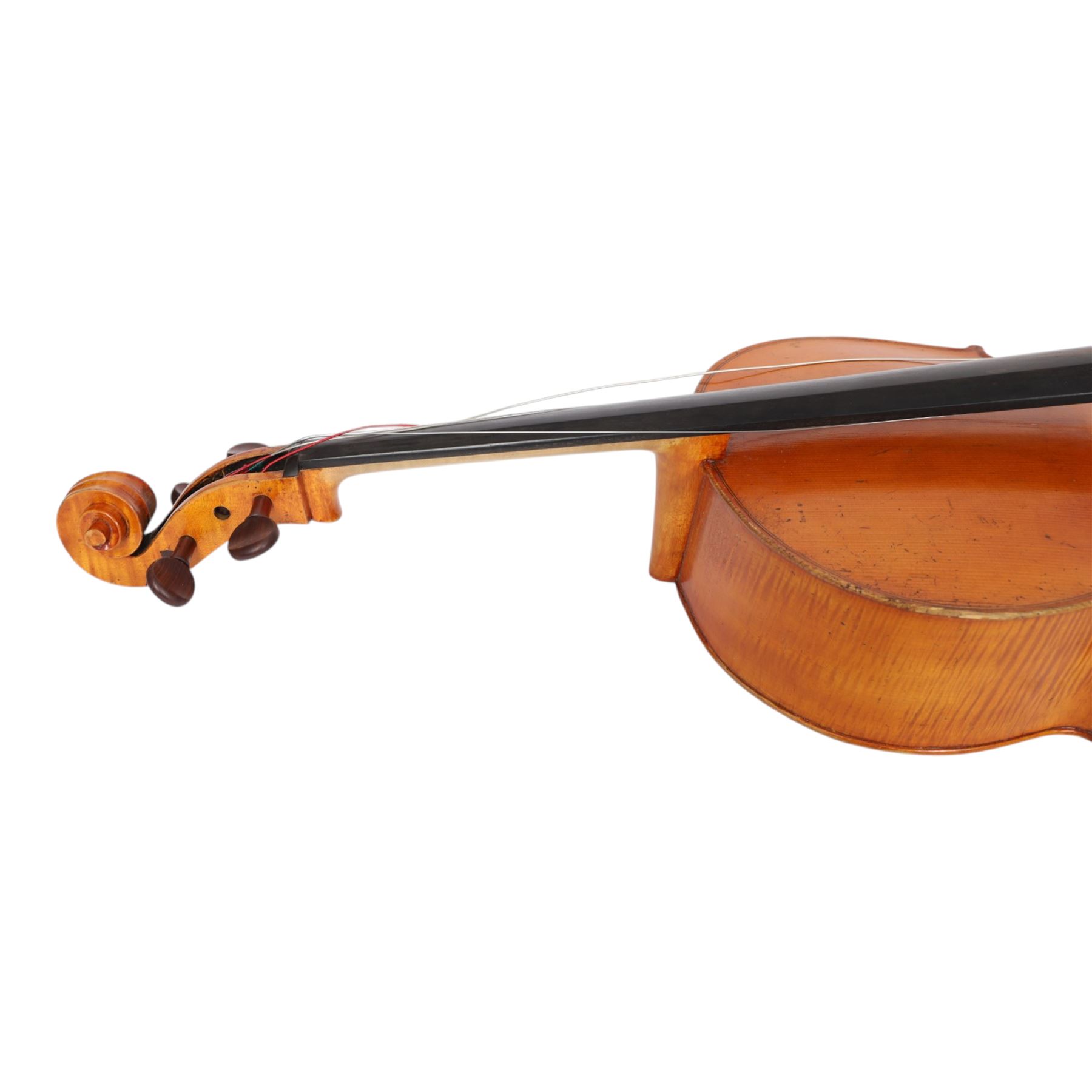 19th century cello, with two piece back and ebonised finger board, contained within a hardcase, cello back length 75cm