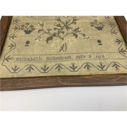 George III sampler, worked by Elizabeth Bowstree, dated July 1816, finely worked with floral spray flanked by flowering urns, beneath text 'See how the lilies florish white and fair See how the ravens fed from heaven are Then neer distrust thy god for cloth & bread Whilst lilies florish and the ravens feed', within a flowering vine border, framed and glazed, overall H35.5cm W33cm