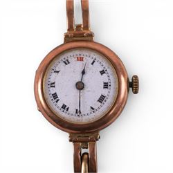 Early 20th century 9ct rose gold manual wind wristwatch, hallmarked,  on rose gold expanding bracelet, stamped 9ct