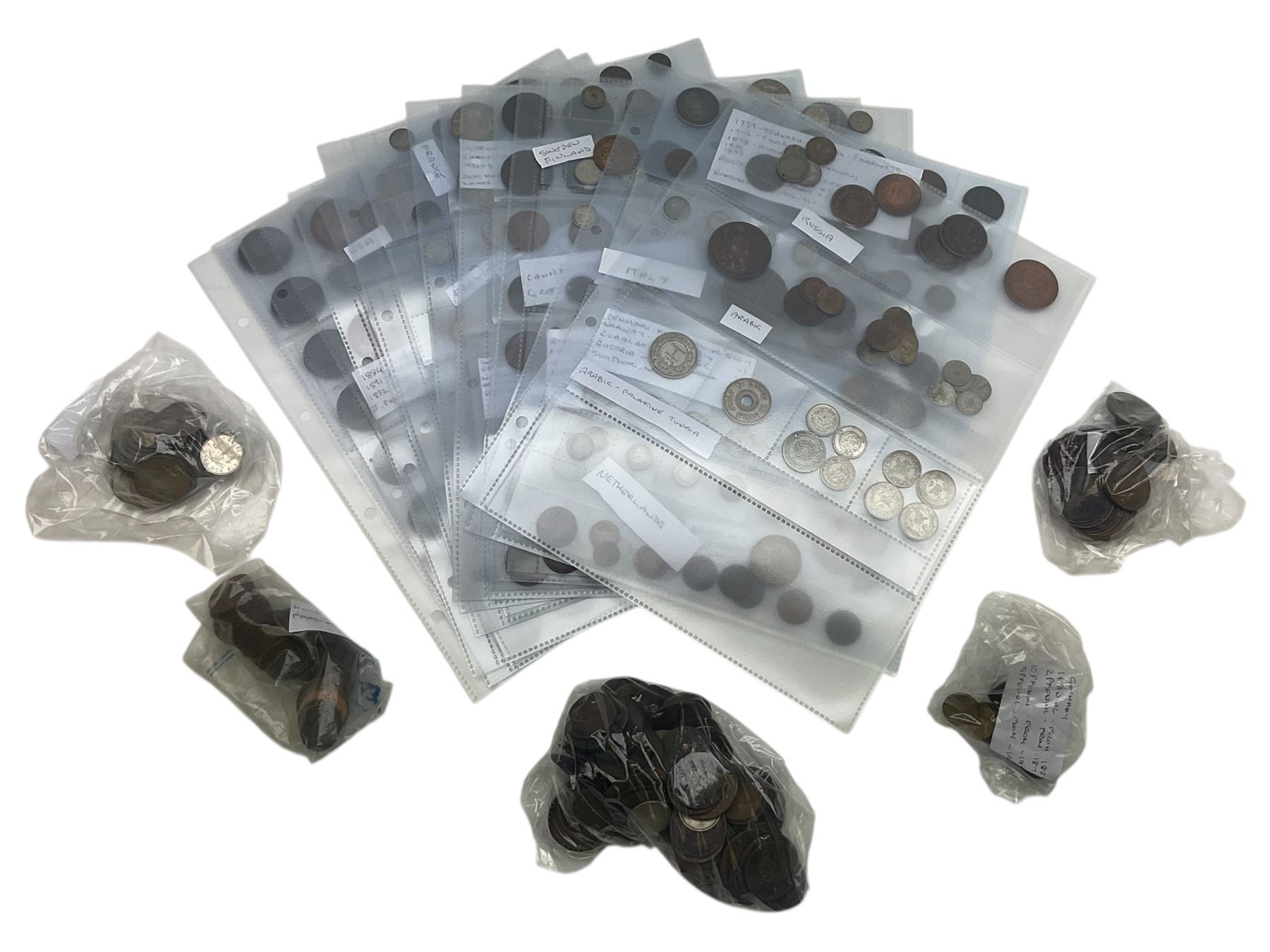 Interesting collection of 18th century and later Commonwealth and international coins, including India, Rhodesia, South Africa, Spain, Italy, Netherlands, Palestine, Russia, canada, Greece, Jersey, Guernsey, Germany, France, etc, including many silver examples