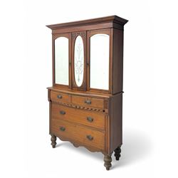 Victorian walnut dresser, projecting cornice over mirrored front, fitted with two short ov...