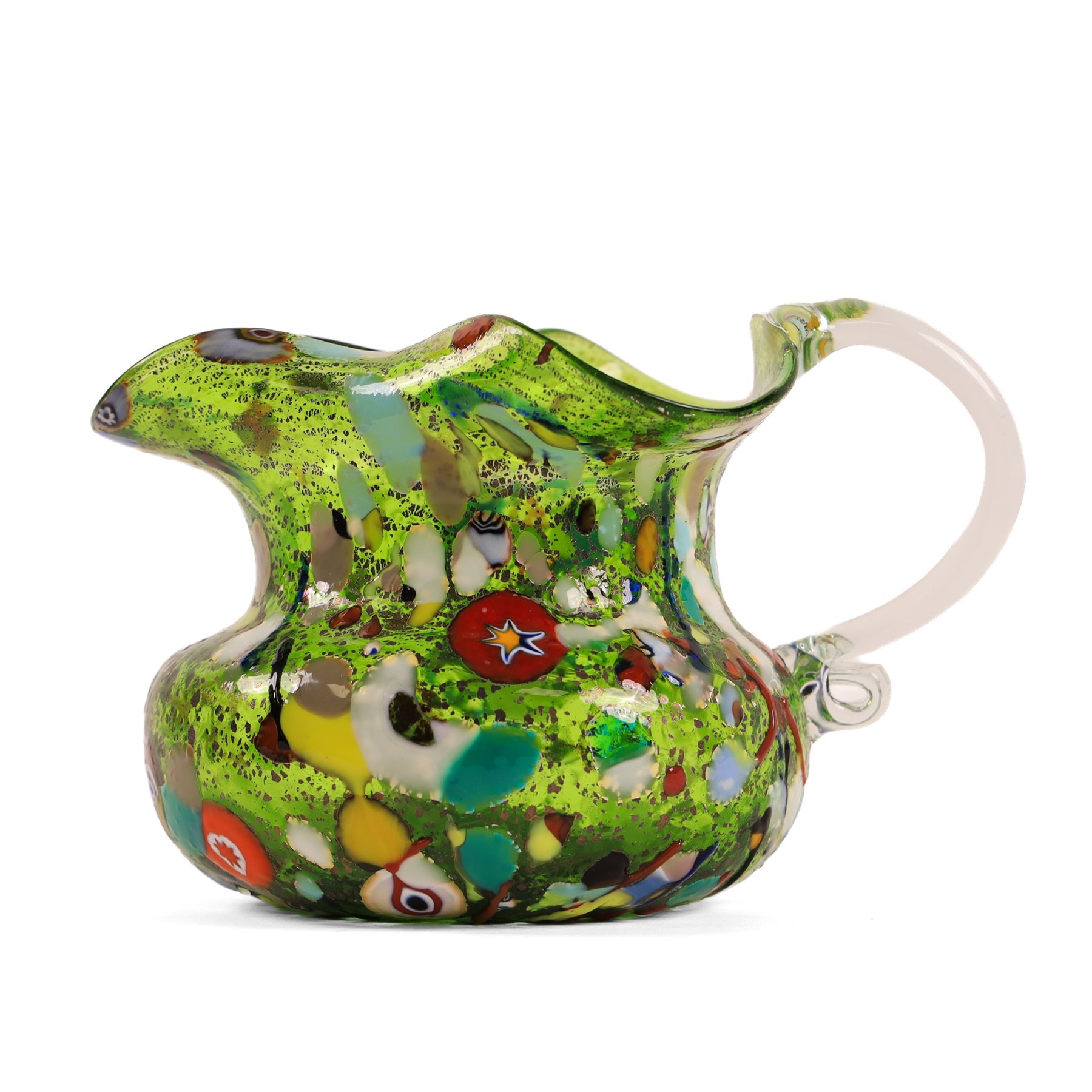 Two Murano Glass jugs by Zecchin, the fist decorated with millefiori design, upon a purple mottled ground, the other upon a green ground, H10cm
