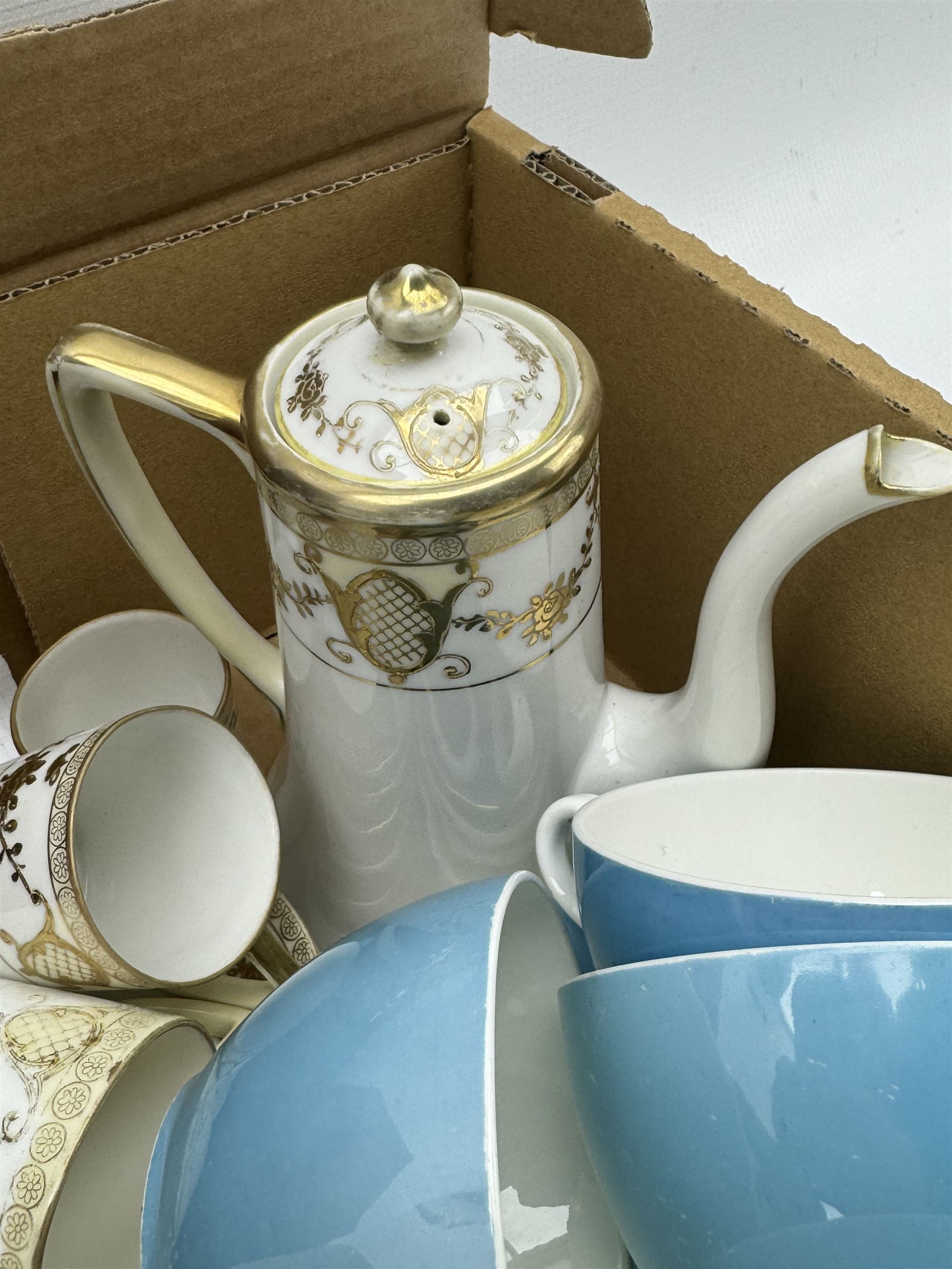 Aynsley harlequin cups and saucers, Royal Albert Old Country Roses vase and cover, Noritake coffee wares, Wedgwood Everest Goblet and various ceramics in two boxes