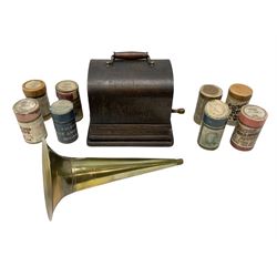 Edison Gem wind up phonograph, serial number 255655, with horn and eight cylinders, H21cm