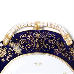 Coalport set of ten plates and four serving plates, each decorated with floral sprigs within a cobalt blue boarder with gilt detail, plates D22cm