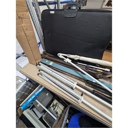 Collection of photography equipment, including cases, tripods, screens, guillotine, lighting etc
