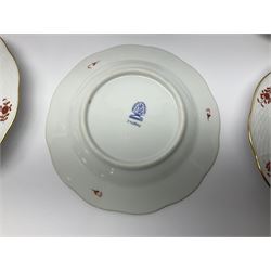 Herend Chinese Bouquet Rose pattern tea service comprising teapot, coffee pot, open sucrier, six cups and saucers, six tea plates, cream jug and stand, milk jug, two teabag holders, preserve pot, two leaf shaped dishes, four egg cups, salt & pepper pots, pair side plates and another plate