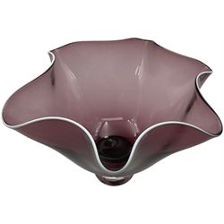 Gillies Jones of Rosedale purple glass vase with crimped rim on a short pedestal foot, signature to base, H11cm