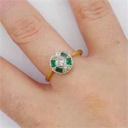 Art Deco old cut diamond and calibre cut emerald target ring, stamped 18ct & PT
