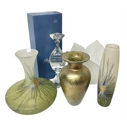  Late 20th century art glass, to include a Robert Held vase, of baluster form with iridescent swirl design, two frosted glass vases with peacock feather design on green and white ground, frosted glass tulip shaped bowl with smoke design and a Rogaska Crystal cobra candlestick, tallest vase 27cm